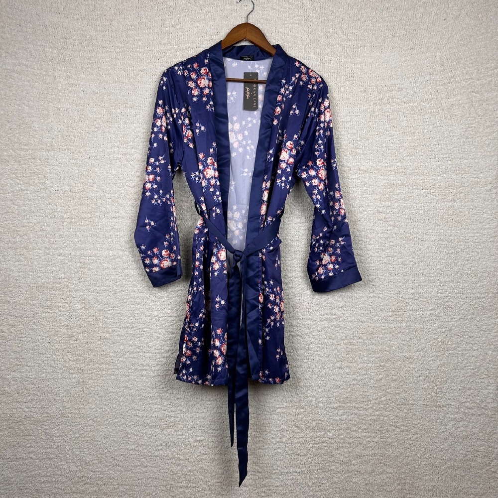Morgan Lane Robe Womens S/M Blue Multi Floral Satin Allie‎ Belted Sleepwear NWT